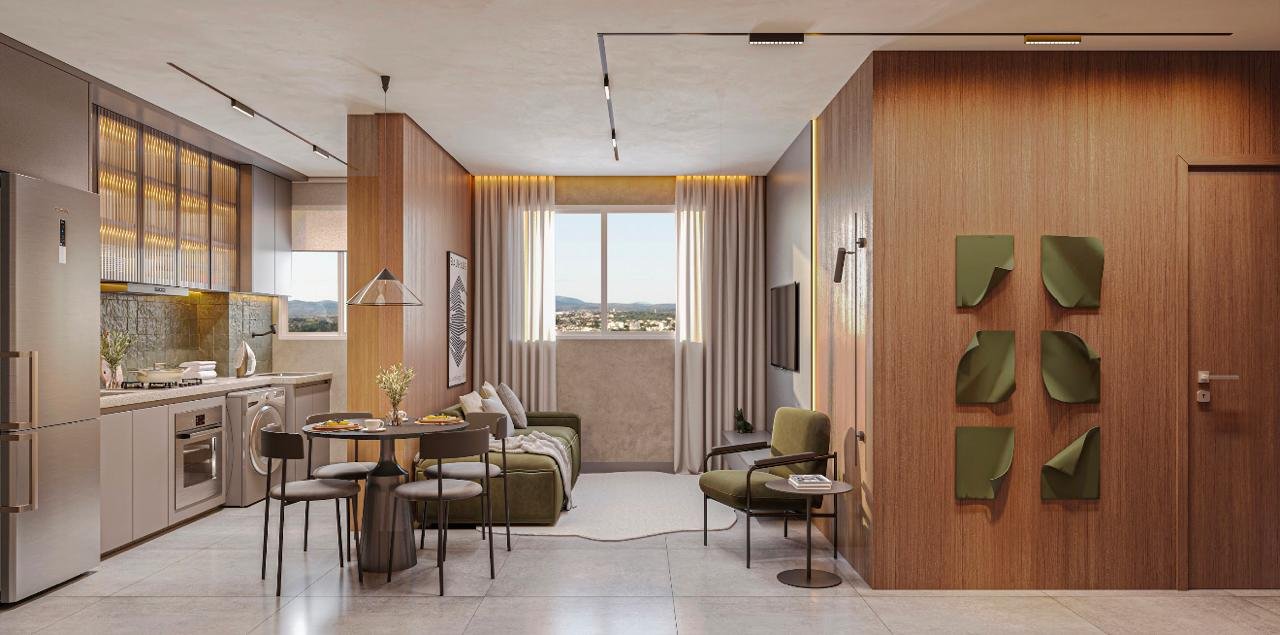 Apartamento com sala e cozinha integradas, sem varanda
